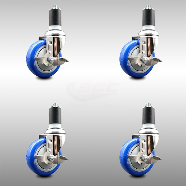 Service Caster 4 Inch 316SS Blue Poly Swivel 1-5/8 Inch Expanding Stem Caster Set Brake SCC SCC-SS316EX20S414-PPUBBLUE-TLB-158-4 - main
